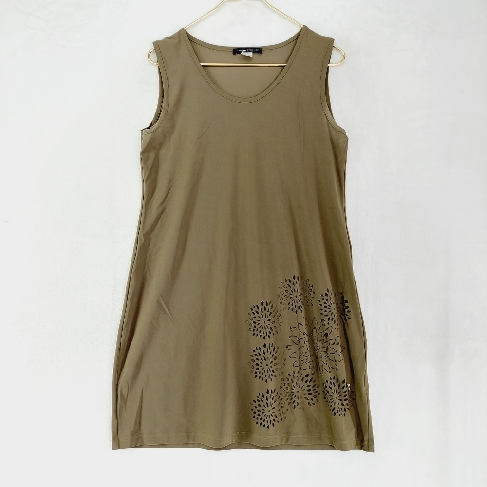 Elemente Clemente Olive Green Crew Neck Floral Cut Out Pattern Midi Dress P6286